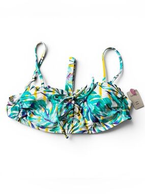 George Ladies Lace-Up Bikini Top Tropical Print Teal Yellow Size S